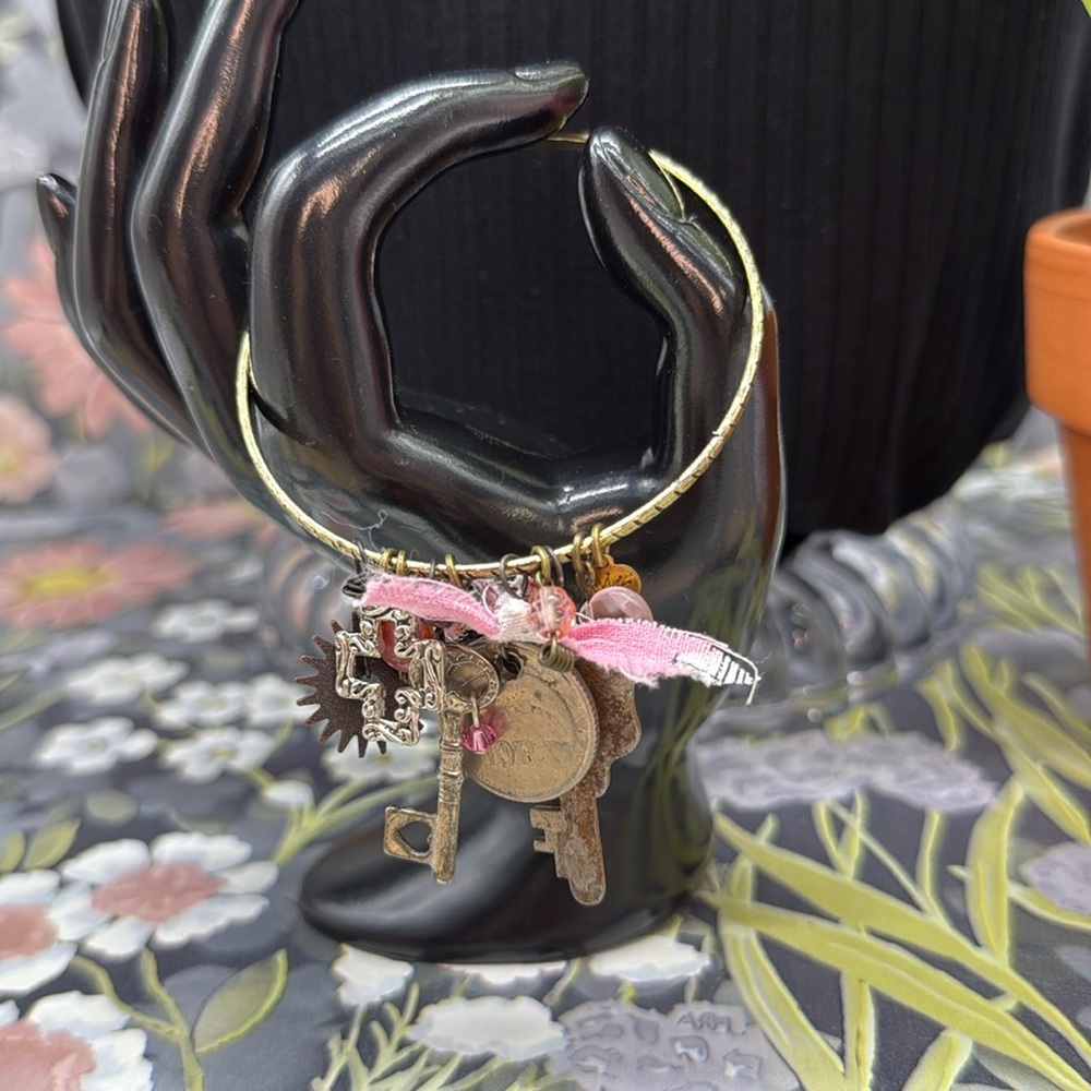 ⭐️Adorned Crown Jewelry mixed charm key coin pink dangles bangle bracelet